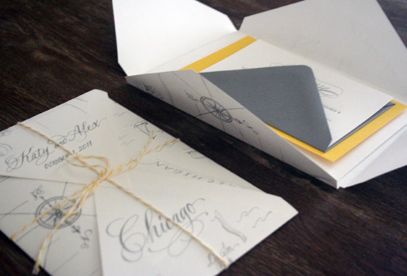Yellow Gray Elegant Letterpress Wedding Invitations Map Open 550x373 Katie 