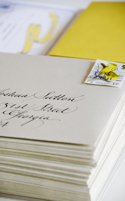  Yellow Gray Silhouette Letterpress Wedding Invitations Outer Envelope 