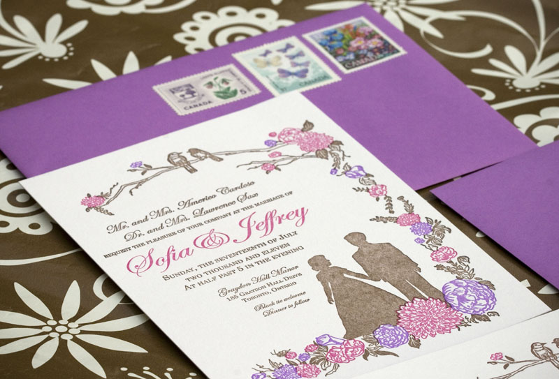 Purple Pink Silhouette Custom Wedding Invitations Papillon Press2 550x373 