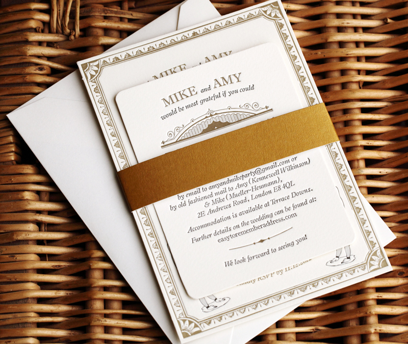 Vintage Inspired Gold Black Wedding Invitations 550x464 Amy Mikes Vintage
