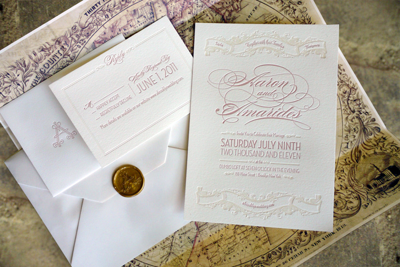 Elegant Pink Letterpress Brooklyn Wedding Invitations 550x366 Amarides 