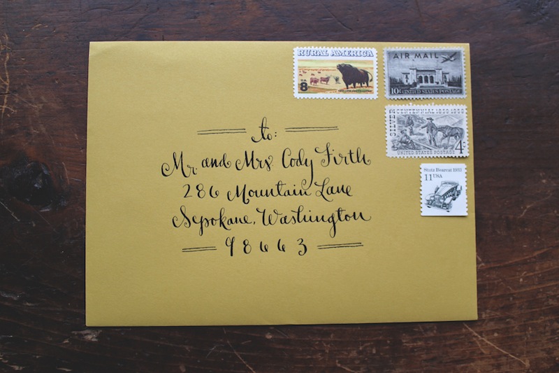 Invitation design calligraphy La Happy Vintage Stamps Verde Studio