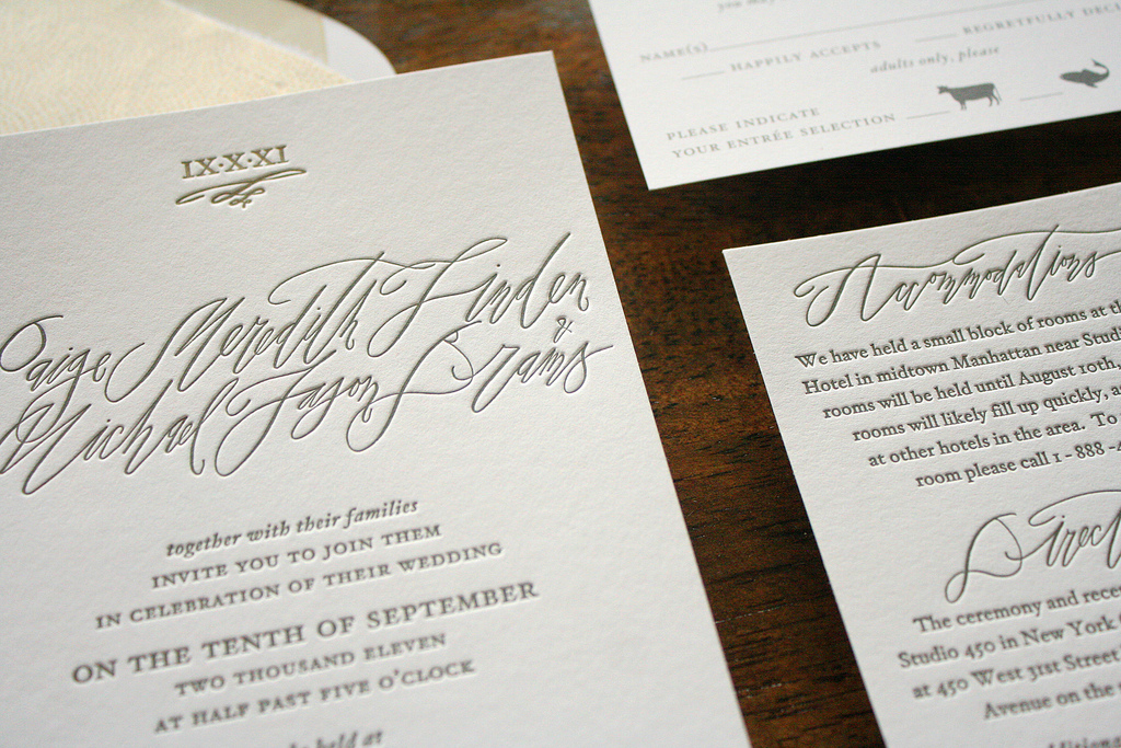 a sophisticated and elegant letterpress wedding invitation that features