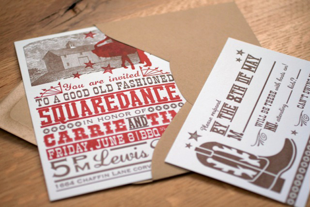 Letterpress BBQ Squaredance Wedding Invitations Noteworthy Paper Press9 