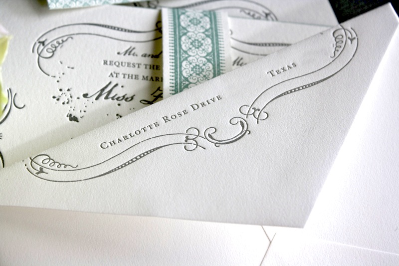 Vintage Inspired Blue Gray Letterpress Wedding Invitations Envelope 550x366