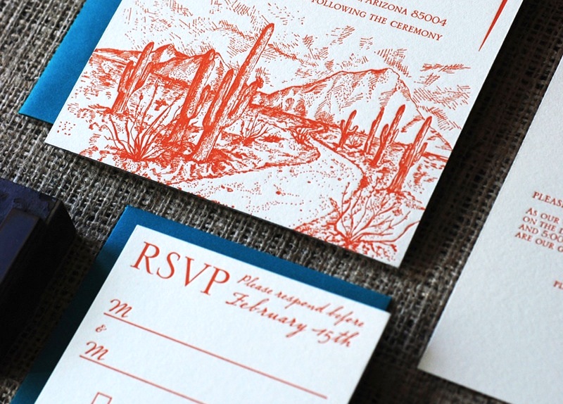 Western Illustrated Blue Orange Letterpress Wedding Invitations Richie