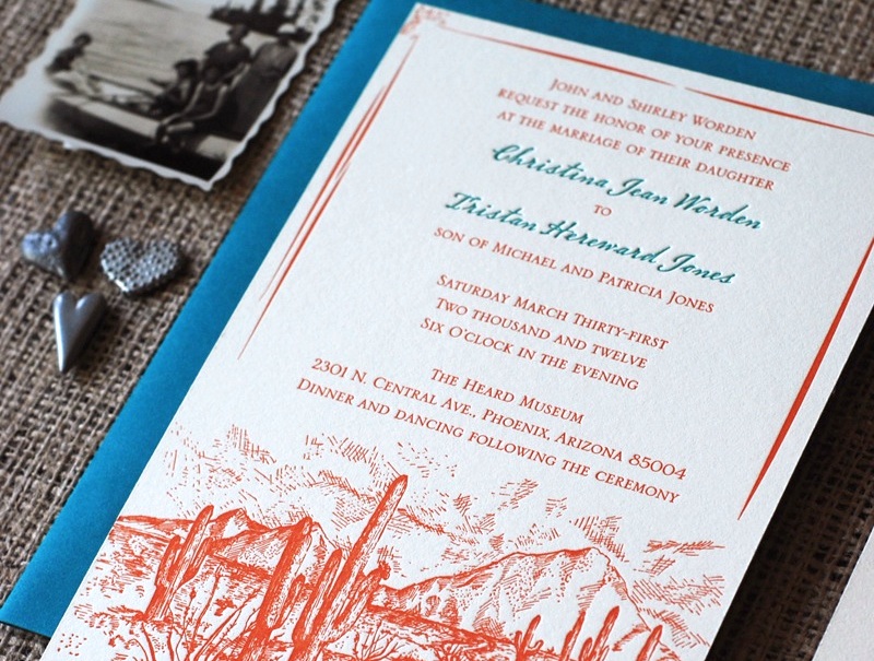 Western Illustrated Blue Orange Letterpress Wedding Invitations Richie 