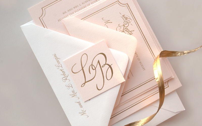 Lindsey + Bradley's Elegant Pink and Gold Foil Wedding Invitations