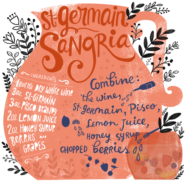 Recipe Card: St-Germain Sangria, Illustration by Dinara Mirtalipova for Oh So Beautiful Paper