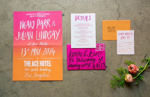 Colorful Hand Lettered Poster Wedding Invitations by Ngaio Parr via Oh So Beautiful Paper