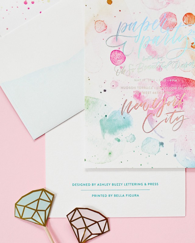 Paper Party 2016 Rainbow Watercolor and Hologram Foil Invitations / Design by Ashley Buzzy / Printed by Bella Figura / Oh So Beautiful Paper