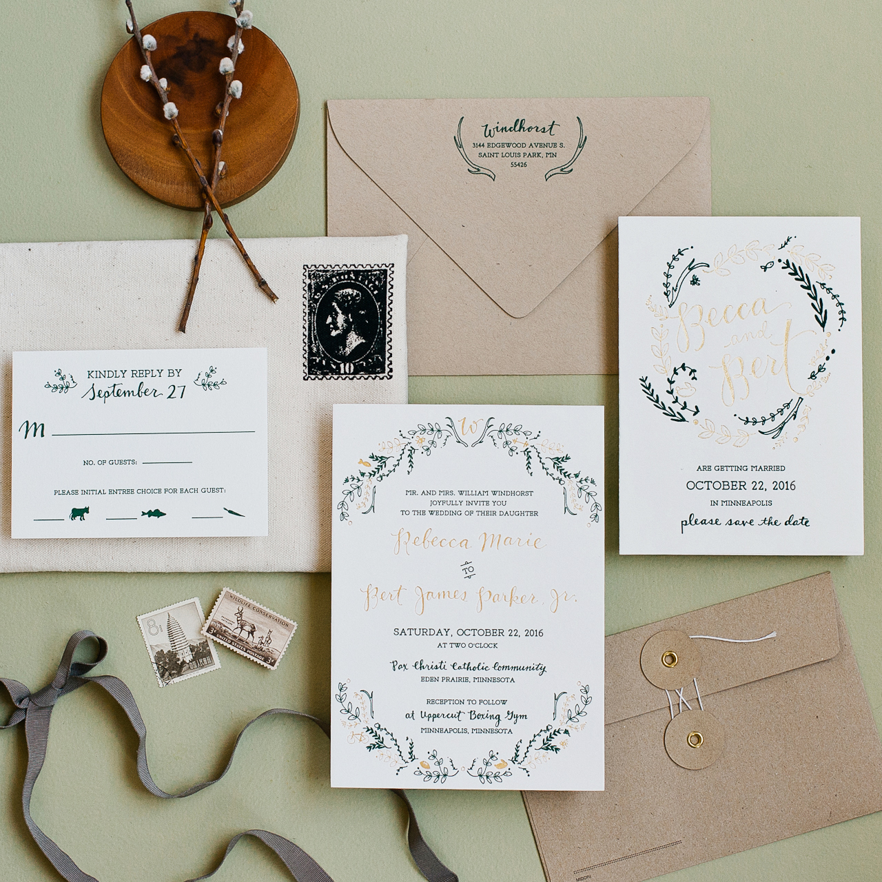 Rustic Green and Gold Foil Wedding Invitations by Printerette Press / Photo Credit: Melissa Oholendt, Styling by Mae Mae & Co.