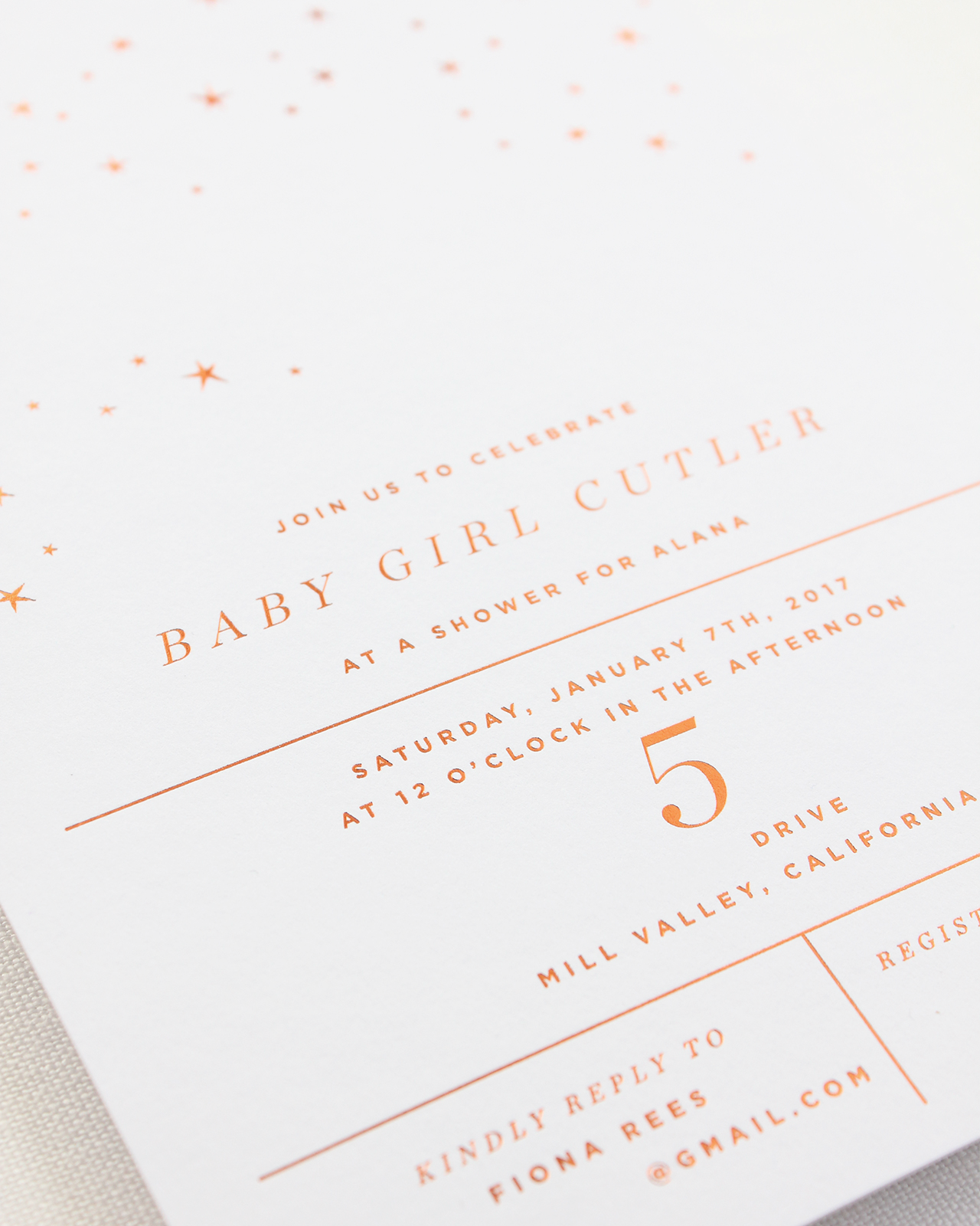 Copper Foil Star Inspired Baby Shower Invitations by Bourne Paper Co.