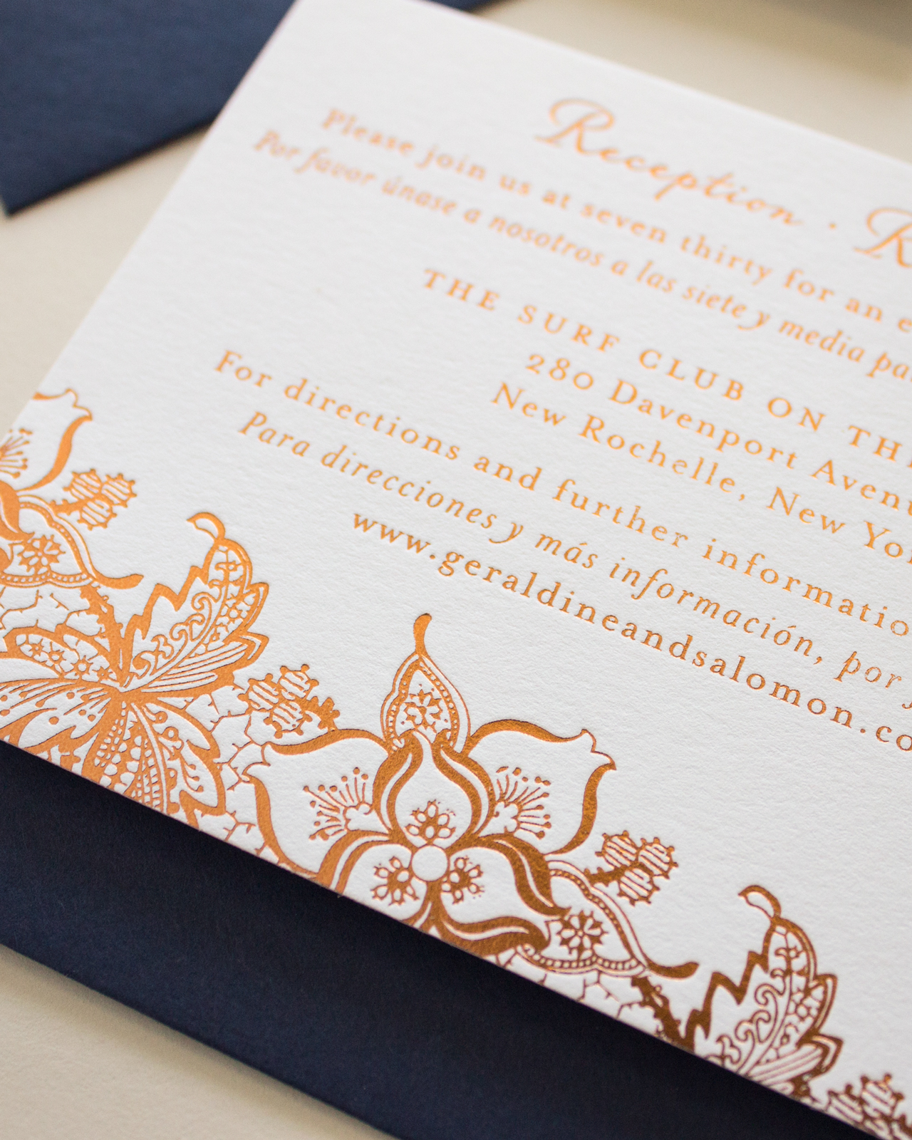 Bilingual Copper Foil and Blind Letterpress Wedding Invitations by Banter and Charm