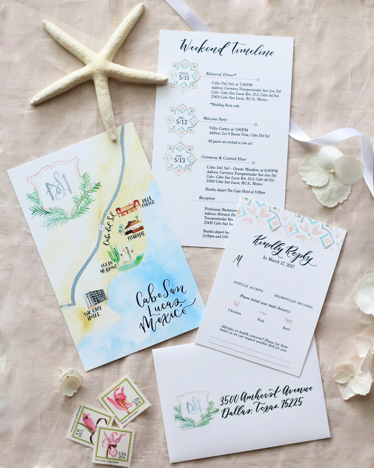 Cabo San Lucas Destination Wedding Invitations by Goldie Design Co.