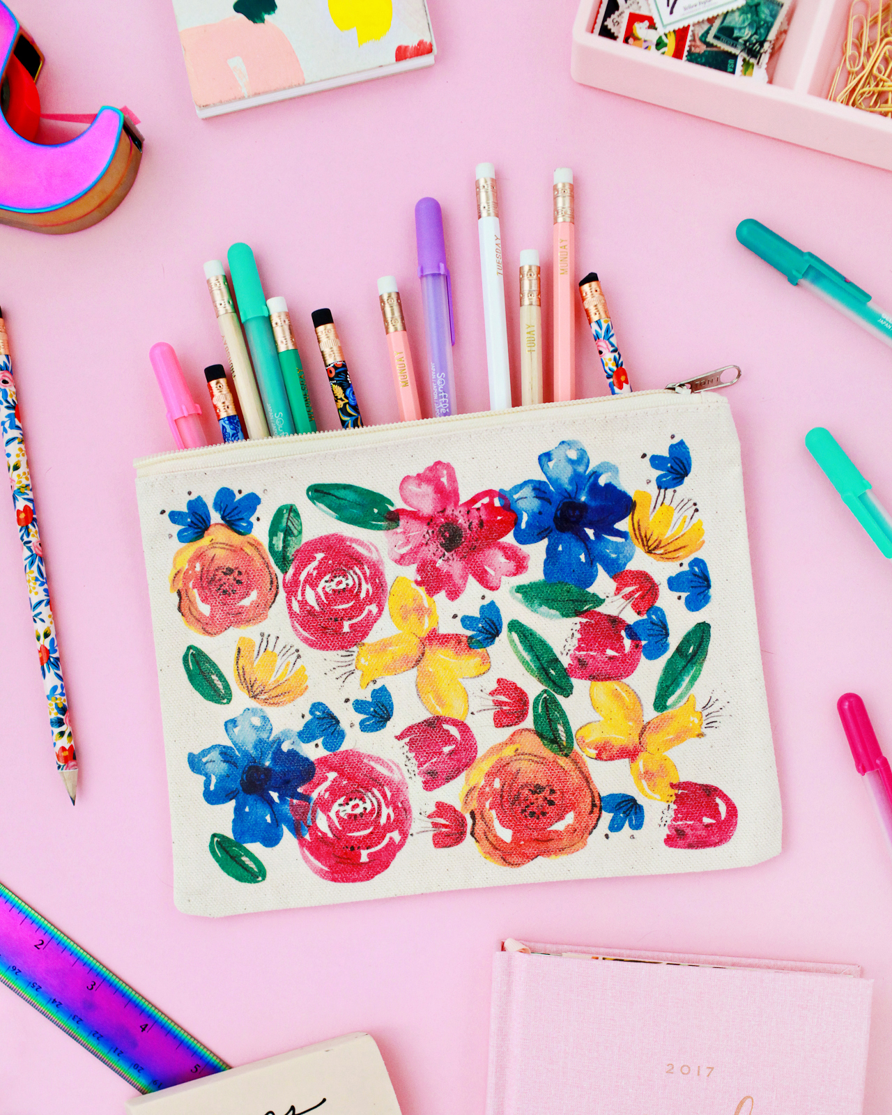 DIY Watercolor Floral Pencil Pouch