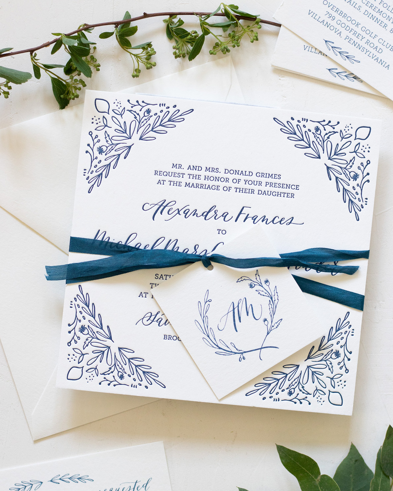 Navy and White Illustrated Floral Wedding Invitations