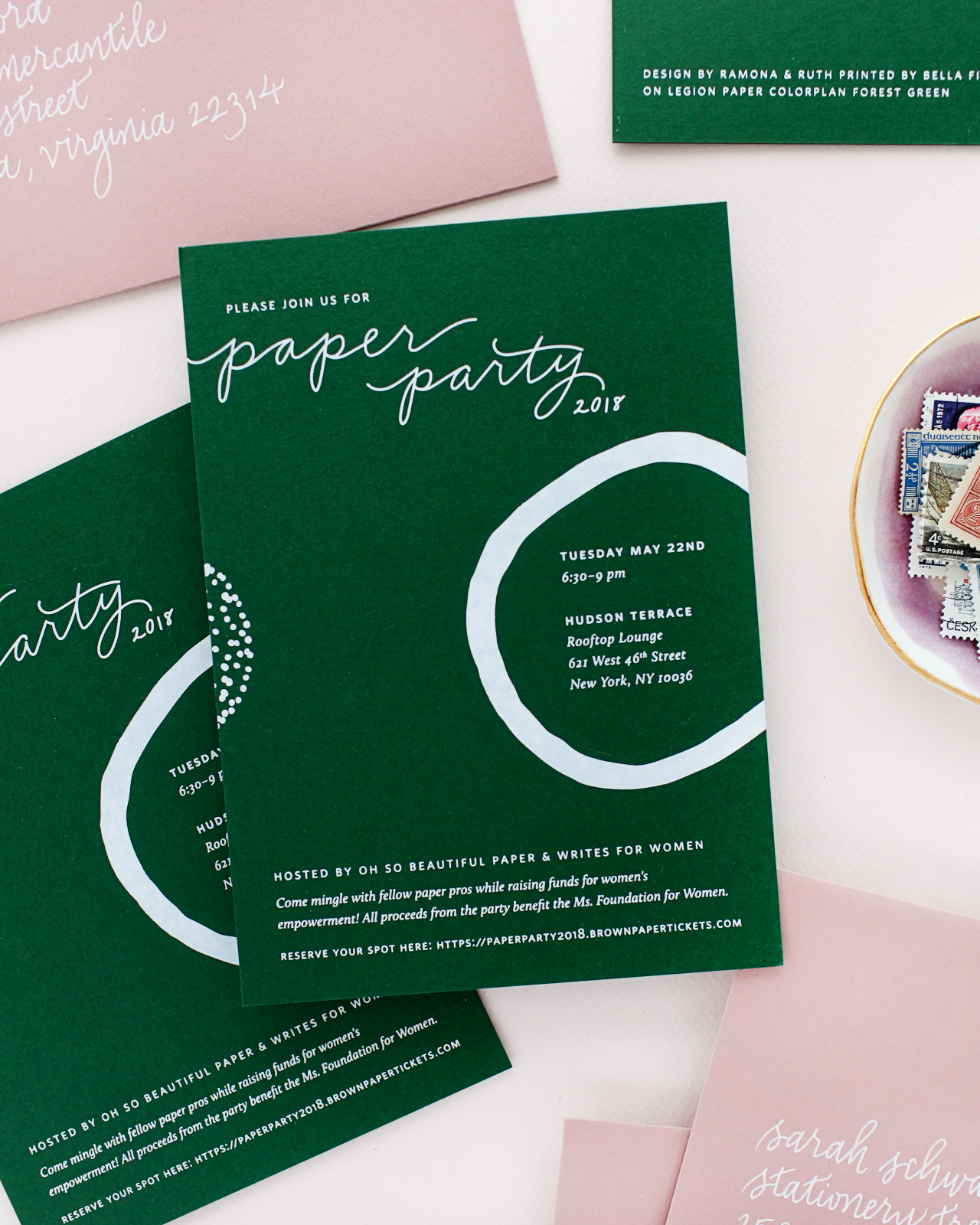 Paper Party 2018 Modern Minimalist Invitations with Abstract Shapes / Design by Ramona & Ruth / Printed by Bella Figura on Legion Paper Colorplan Forest Green