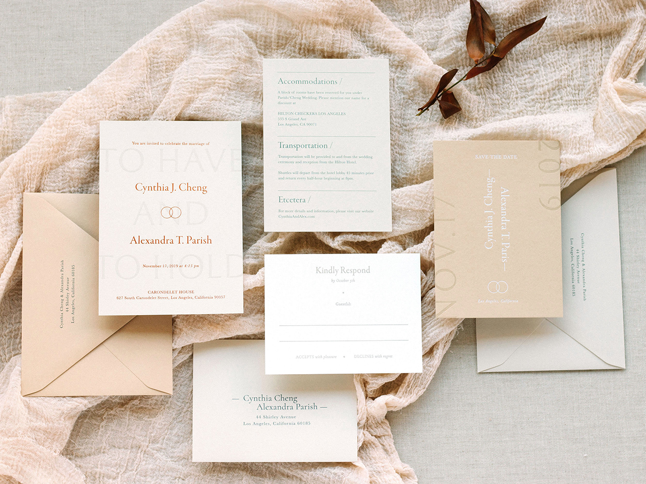 Neutral Modern Minimalist Wedding Invitations by Owl Post Calligraphy