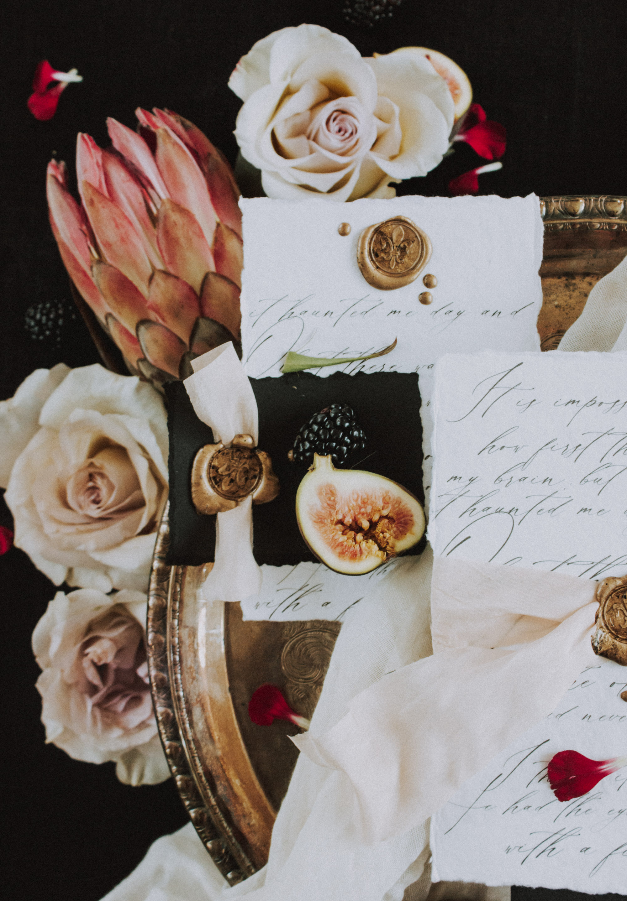 Romantic Black, White, and Gold Calligraphy Stationery Inspiration by Lustre Theory with Seniman Calligraphy on Fringe & Rose Handmade Paper