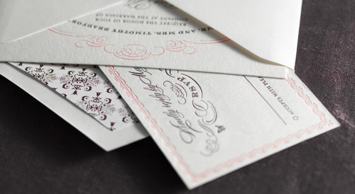 pink gray letterpress romantic sophisticated wedding invitations