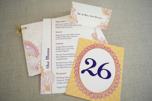 hindu wedding table numbers menu cards and place cards