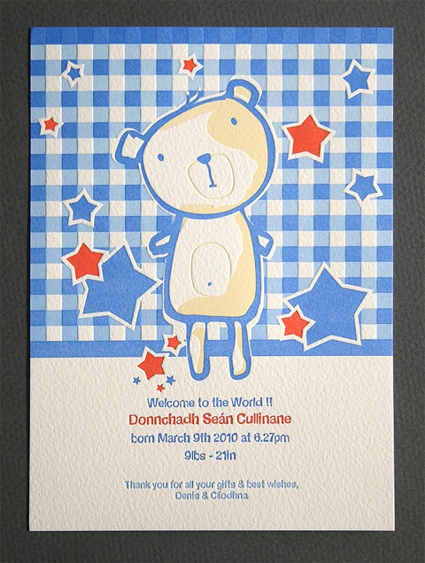 teddy bear letterpress baby announcement