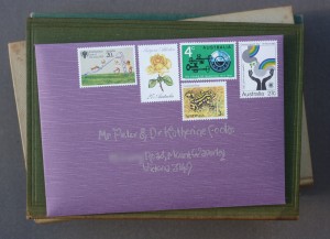 Green-Purple-Library-Wedding-Invitation-Vintage-Stamps-Envelope