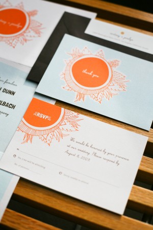 orange blue beach sun hand drawn wedding invitations