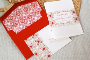 spanish-style red white destination wedding passport invitations