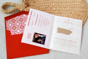 spanish-style red white destination wedding passport invitations