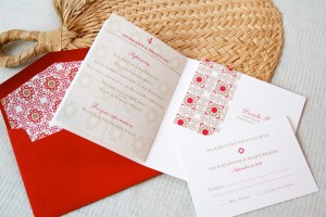 spanish-style red white destination wedding passport invitations