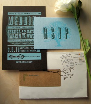 blue brown modern screen printed wedding invitations