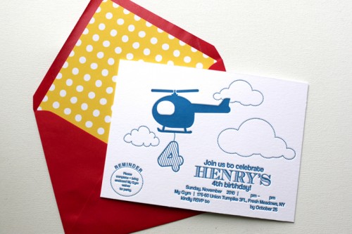 red yellow blue helicopter letterpress birthday party invitations boys polka dot