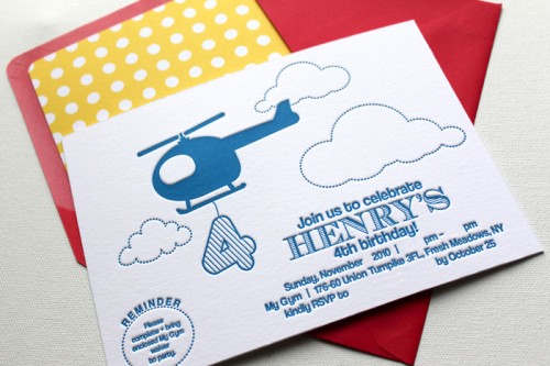 red yellow blue helicopter letterpress birthday party invitations boys polka dot