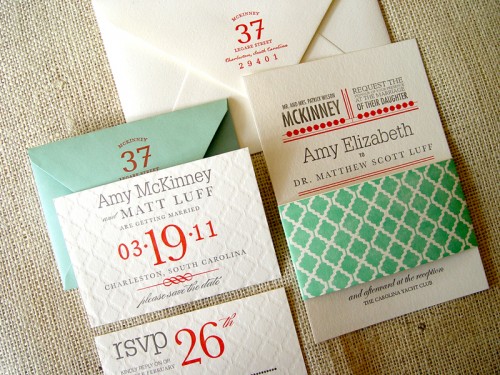 Geometric-Pattern-Red-Green-Letterpress-Wedding-Invitations