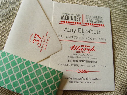 Geometric-Pattern-Red-Green-Letterpress-Wedding-Invitations