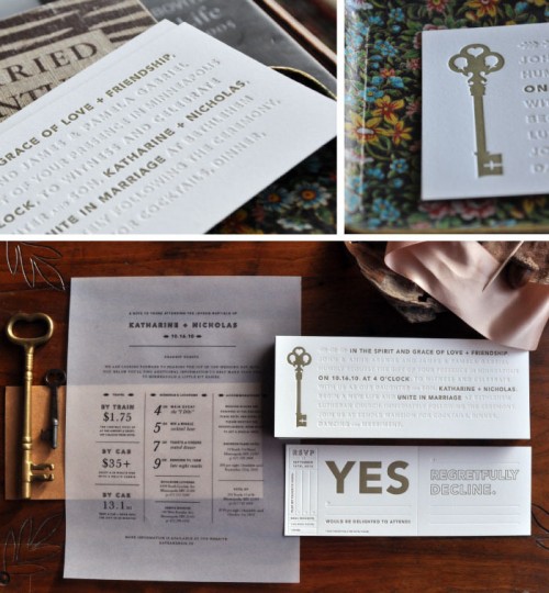 Skeleton Key Letterpress Wedding Invitations by Kate Gabriel