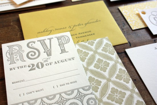 Yellow-Gray-Patterned-Letterpress-Wedding-Invitations-RSVP