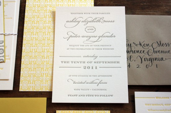 Yellow-Gray-Patterned-Letterpress-Wedding-Invitations-Suite