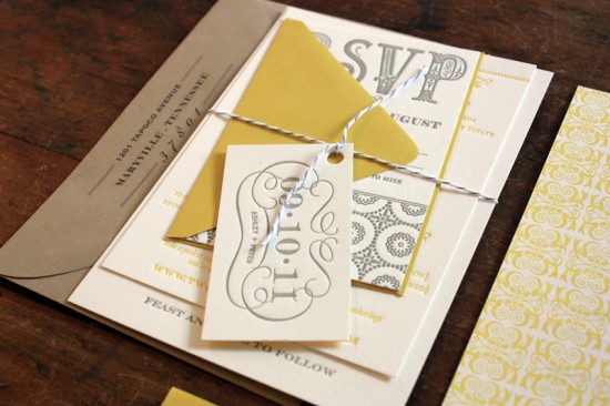 Yellow-Gray-Patterned-Letterpress-Wedding-Invitations-Twine