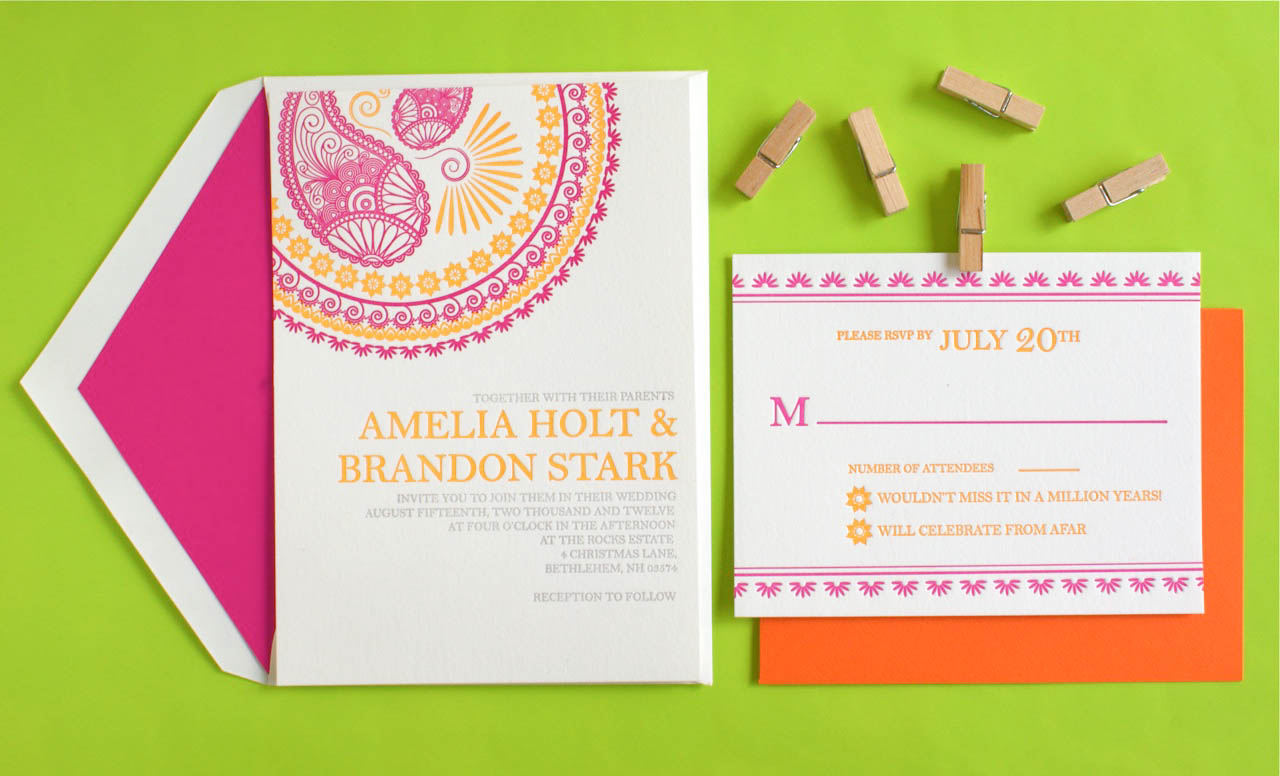 Indian Pattern Letterpress Wedding Invitations