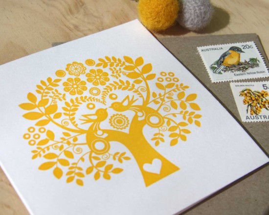 Letterpress Easter Card Scandinavian Folk Style yellow mustard Tree of Life