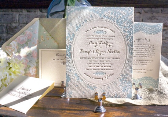 Vintage-Inspired Country Lace Wedding Invitations by Lucky Luxe Couture Correspondence via Oh So Beautiful Paper (5)