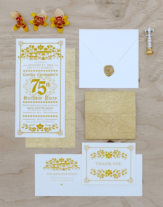 Gold Birthday Party Invitations by Anna Salazar via Oh So Beautiful Paper