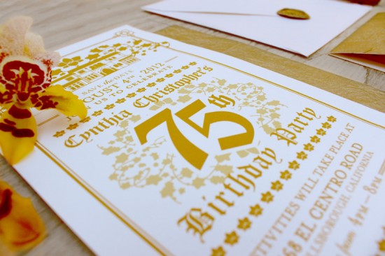 Gold Birthday Party Invitations by Anna Salazar via Oh So Beautiful Paper