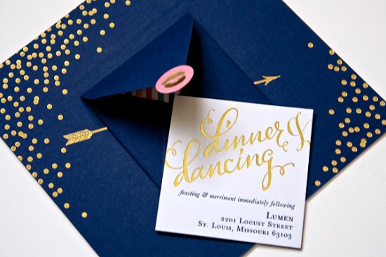 Navy + Gold Foil Calligraphy Wedding Invitations by Plurabelle and Kate Allen via Oh So Beautiful Paper (5)