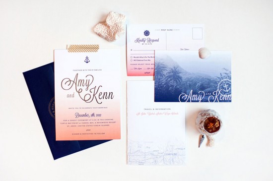 Ombre and Gold Foil Nautical Wedding Invitations by Carina Skrobeck Design via Oh So Beautiful Paper (2)