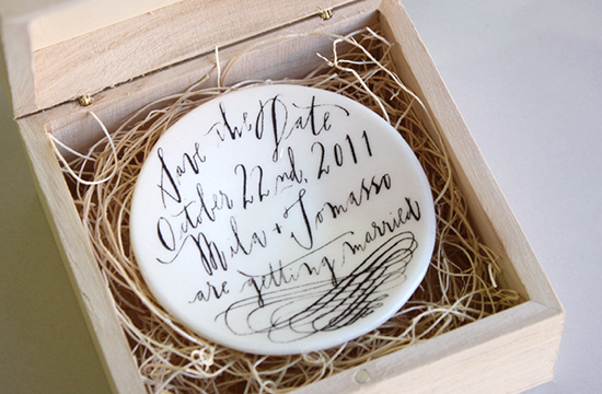 Linea Carta calligraphy invitation on handmade porcelain