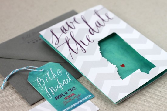 Calligraphy + Chevron Stripe Save the Dates by August Blume via Oh So Beautiful Paper (2)